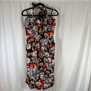 Hitherto Anthropologie Dress Women's 14 Blue Red Floral Zip Back Sleeveless Tie
